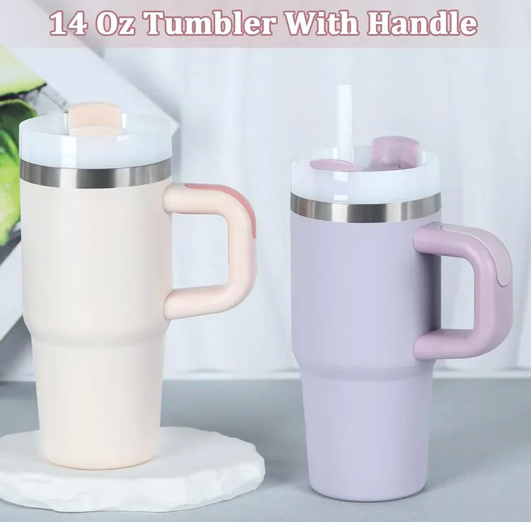 14oz Stainless Steel Tumbler with Lid, Handle & Straw