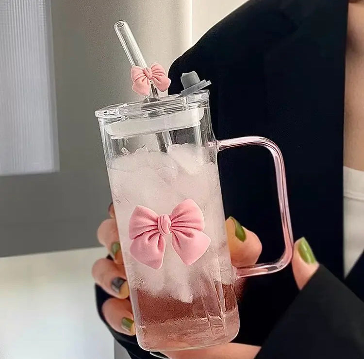 400ml Cute Bow Coffee Glass with Handle, Straw & Lid