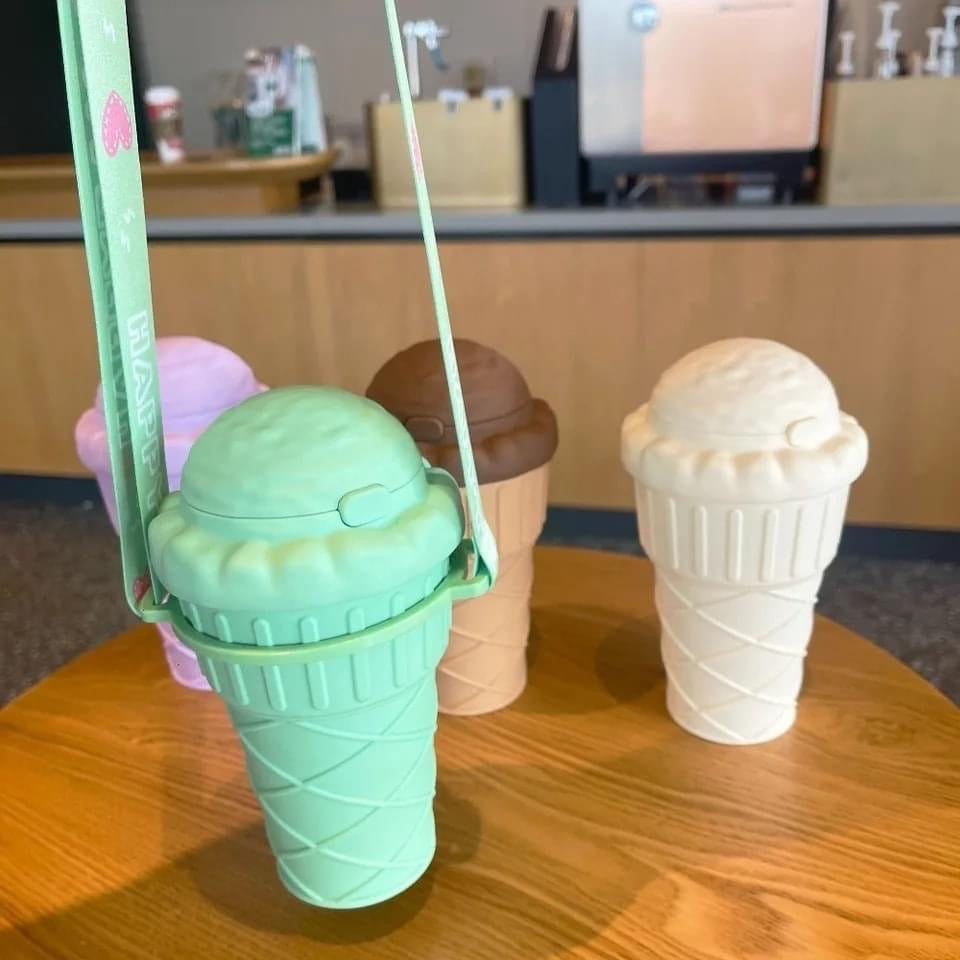 500ml Icecream Shape Straw Glass with Straw & Strap