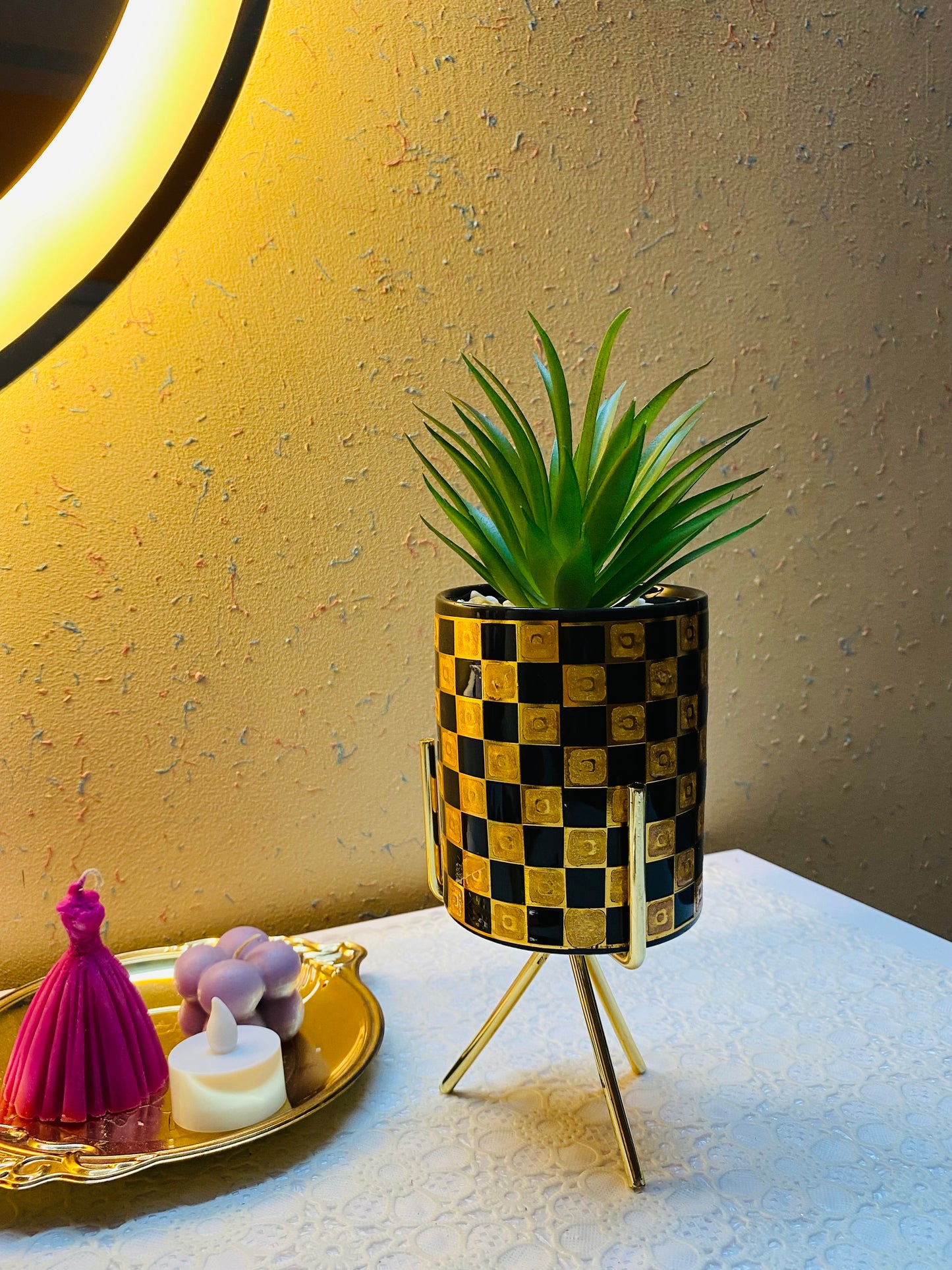 Black with Gold Metal Flower Pot