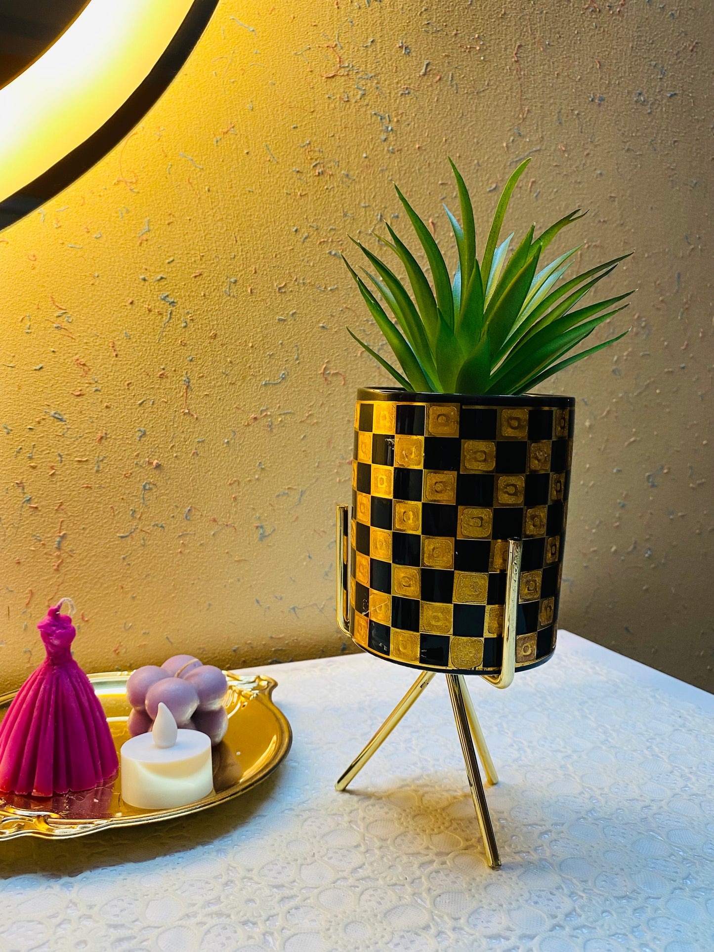 Black with Gold Metal Flower Pot