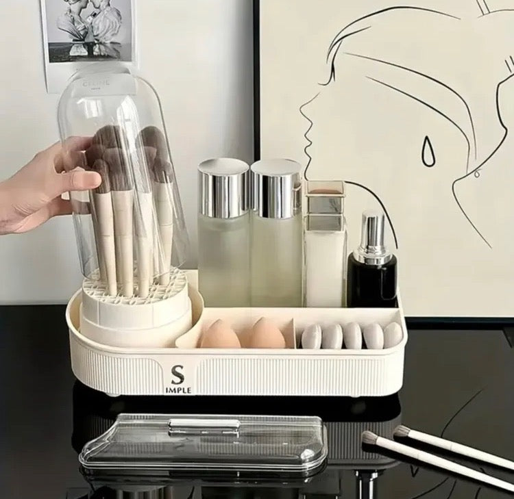 4 in 1 Elegant Makeup Organizer with Rotating Brushes Holder & Makeup Brushes Cleaner, Dryer