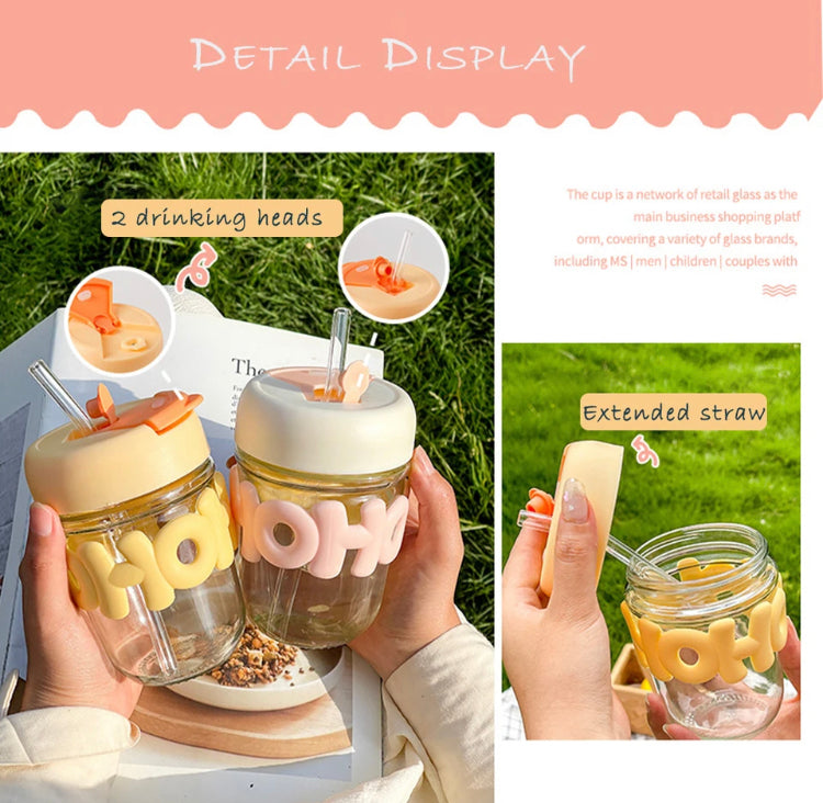 350ml Cute Cup Glass with Lid Straw Double Drinking Glass