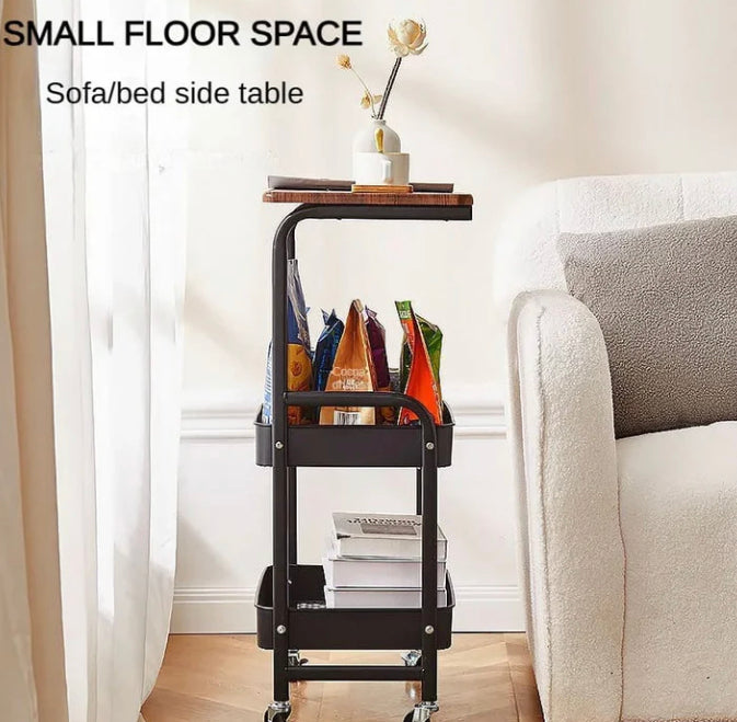 3 Tier Metal Rolling Trolley Cart with Wooden Top
