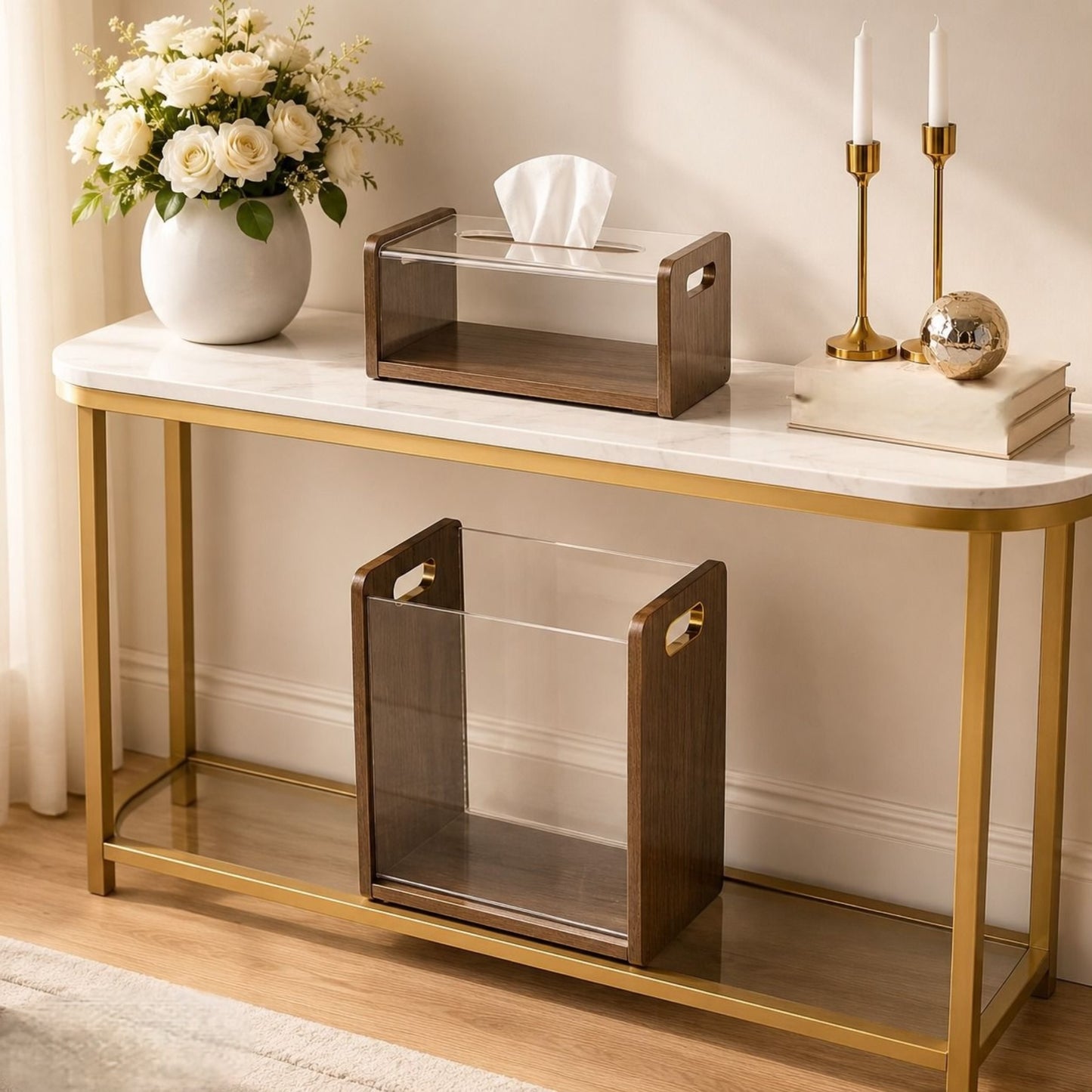Wooden Texture Dustbin & Tissue Box Set