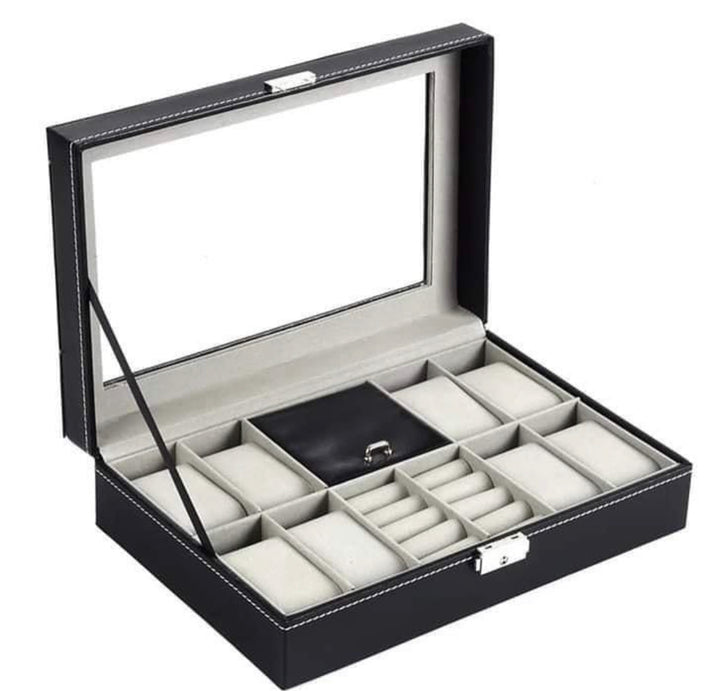 2 in 1 Leather 8 Slots Watch & Ring Box Organizer with Lock