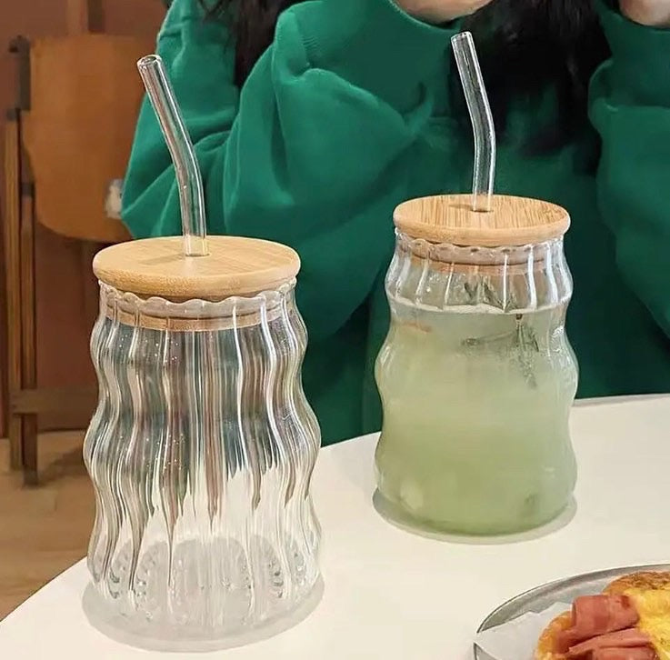 500ml Striped Aesthetic Coffee Glass with Lid & Straw