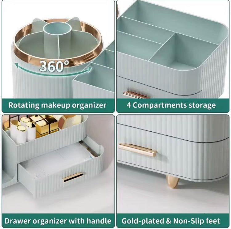 360 Rotating Cosmetics Storage Brushes Organizer with Drawer & Dustproof Lid