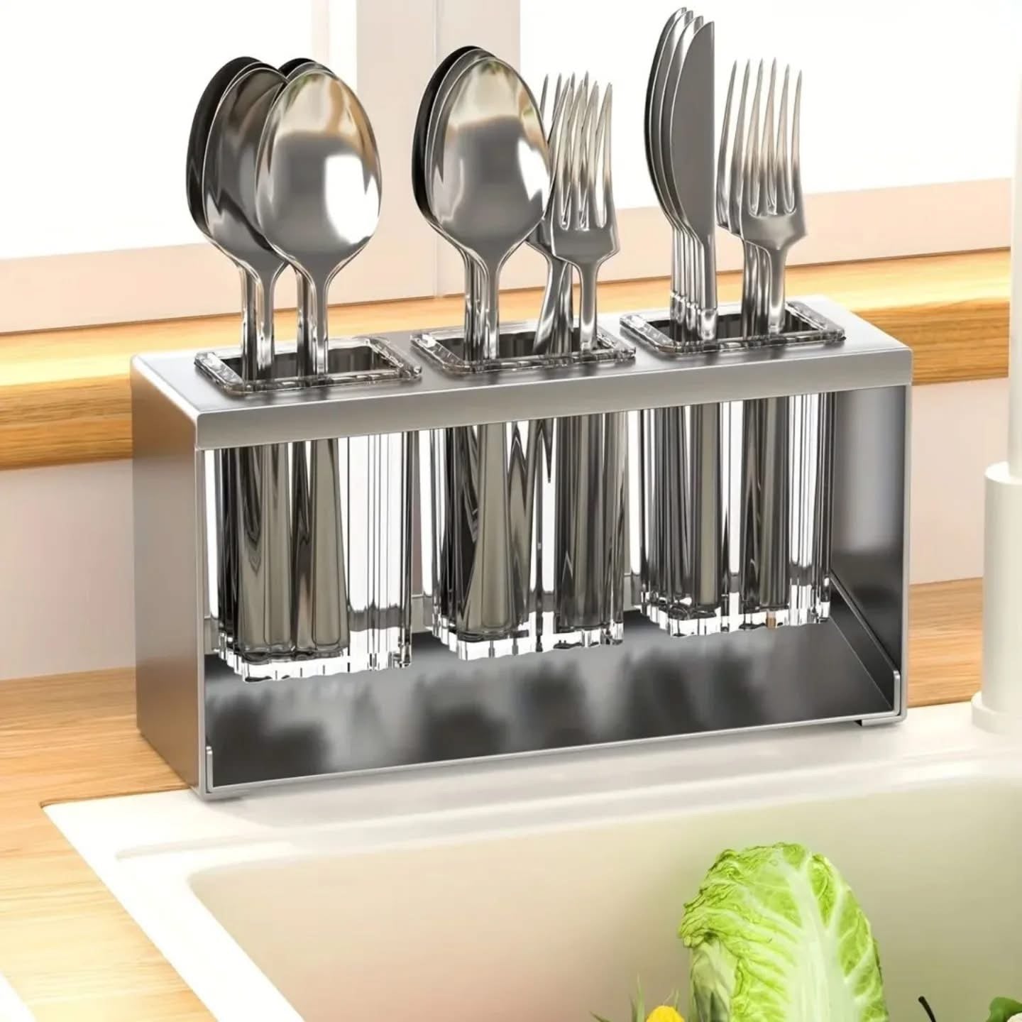 Premium Countertop Acrylic Cutlery Drying Holder with Metal Stand