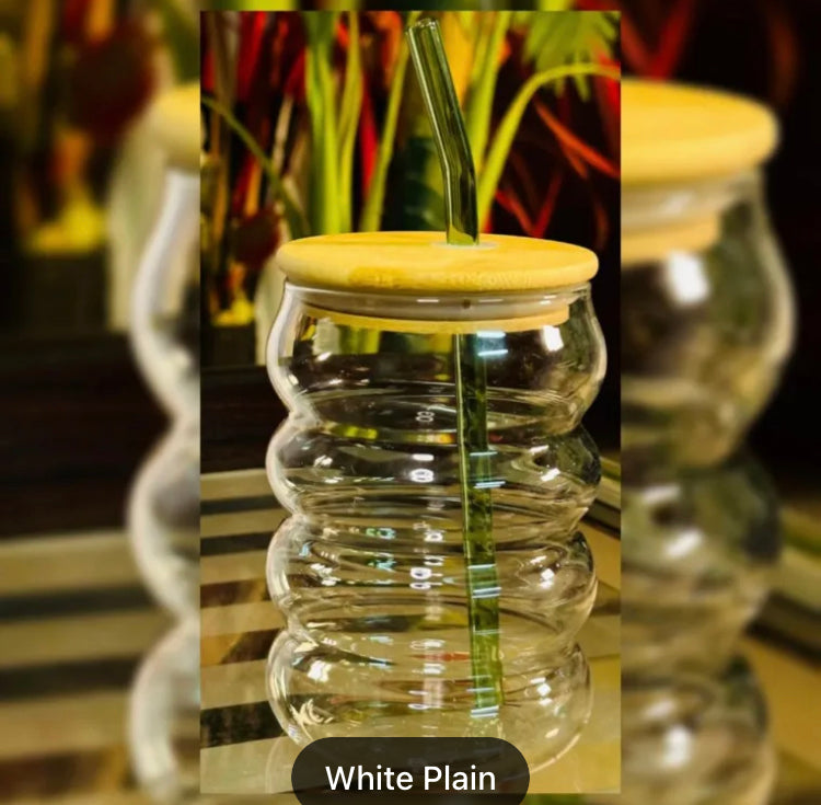 Spiral Aesthetic Coffee Glass with Bamboo Lid & Straw