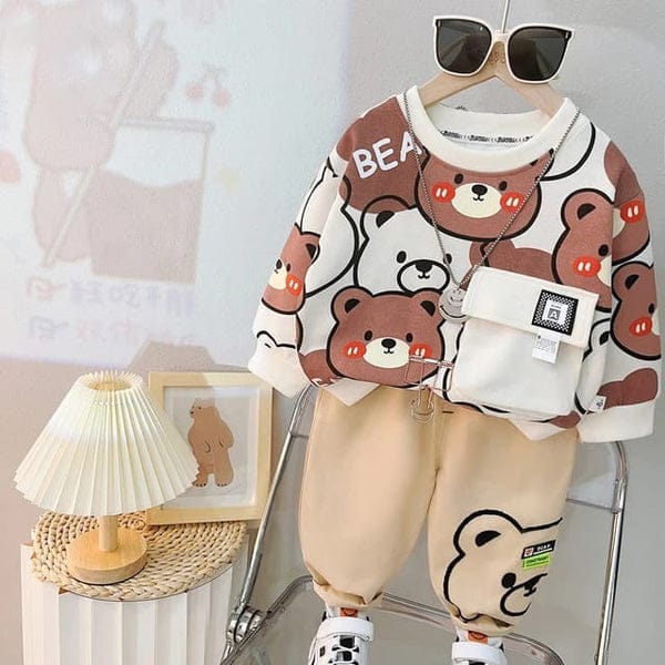 Kids Cute Bear Winter Double Fleece Sweatshirt & Trouser
