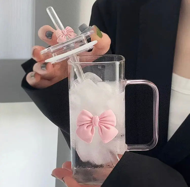 400ml Cute Bow Coffee Glass with Handle, Straw & Lid