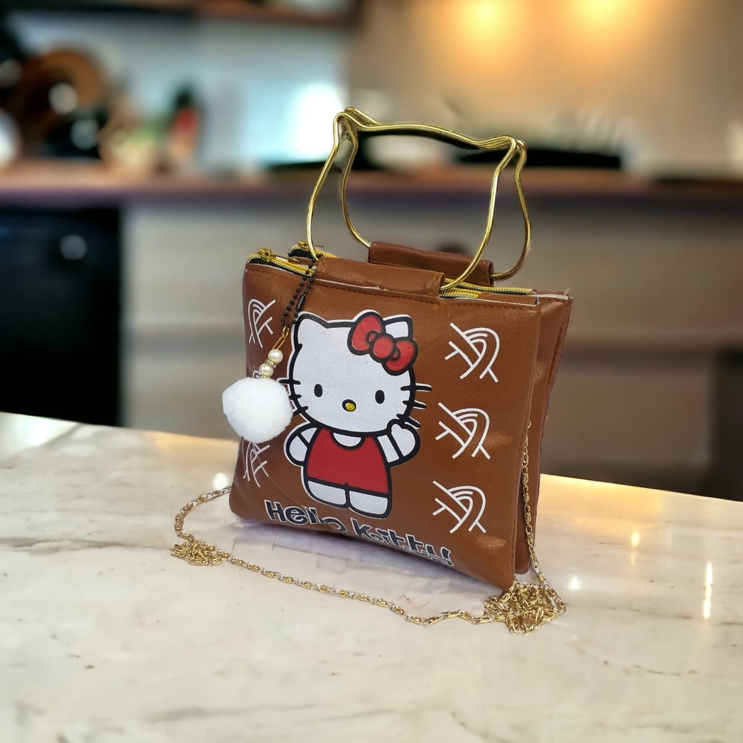 High Quality Hello Kitty Bag with Pom Pom Keychain & Long Chain