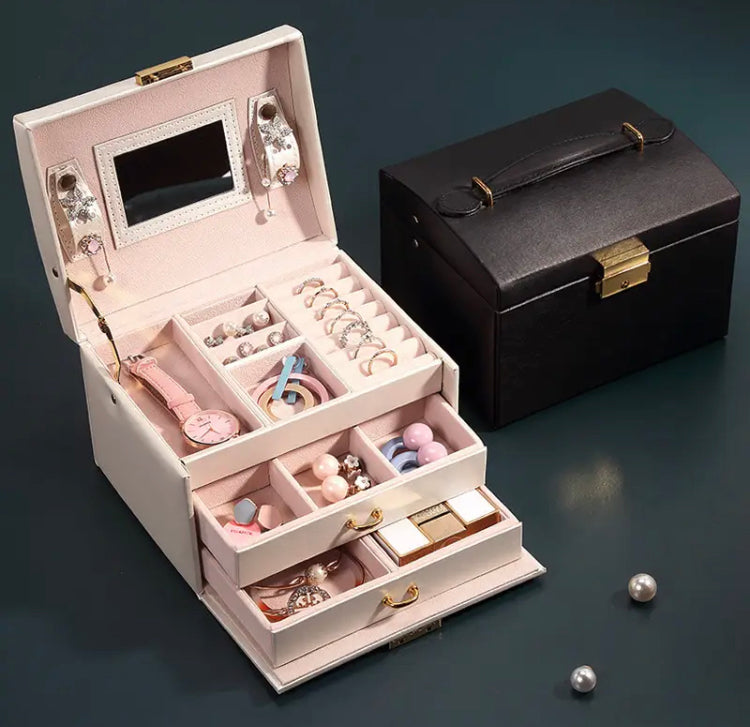 Three Layer Mirror Leather Jewellery Box Imported High Quality