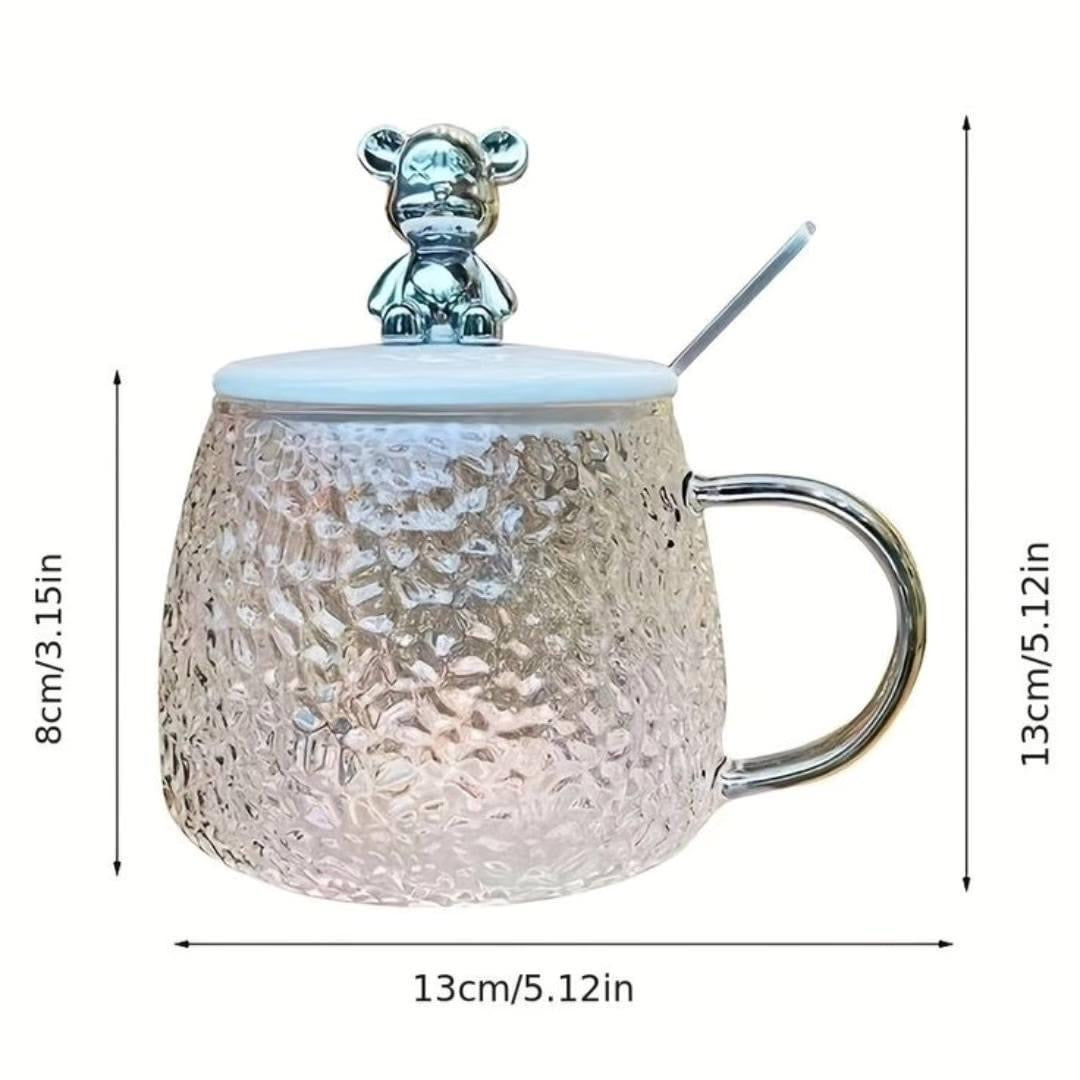 Glass Coffee Mug with Bear Lid & Spoon