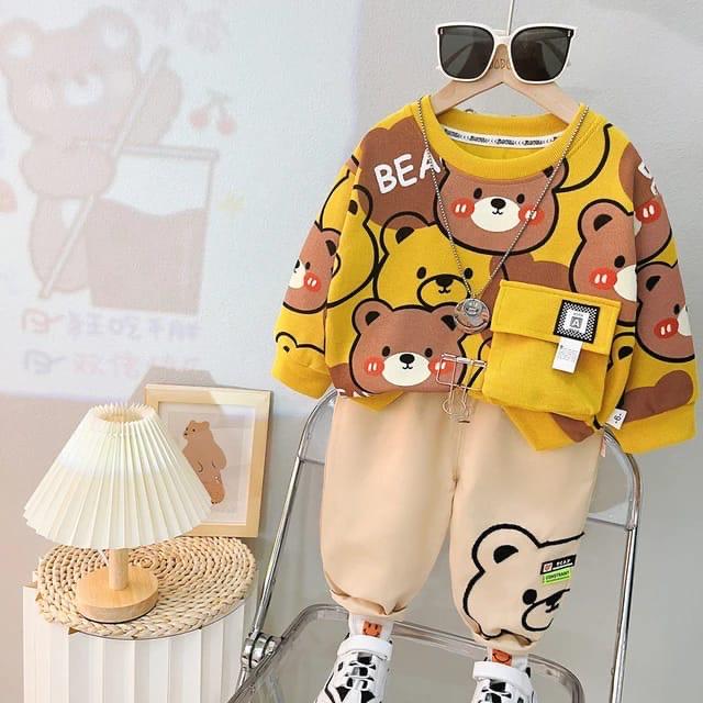 Kids Cute Bear Winter Double Fleece Sweatshirt & Trouser