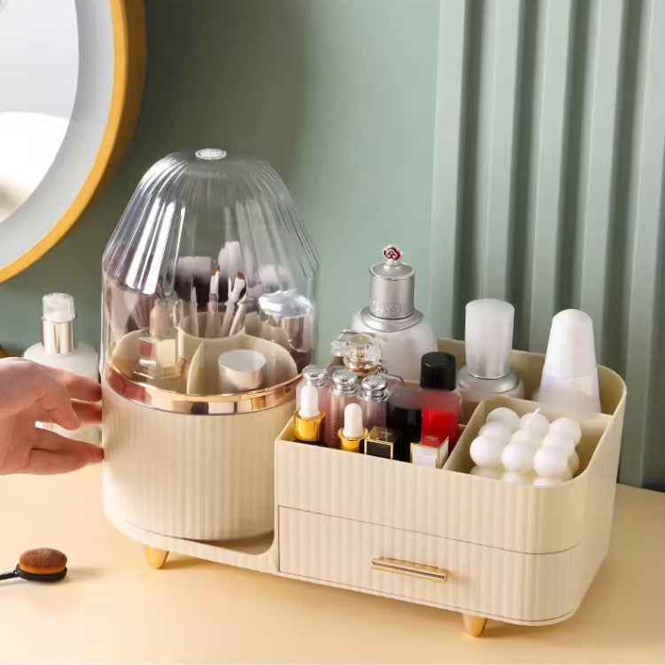 360 Rotating Cosmetics Storage Brushes Organizer with Drawer & Dustproof Lid