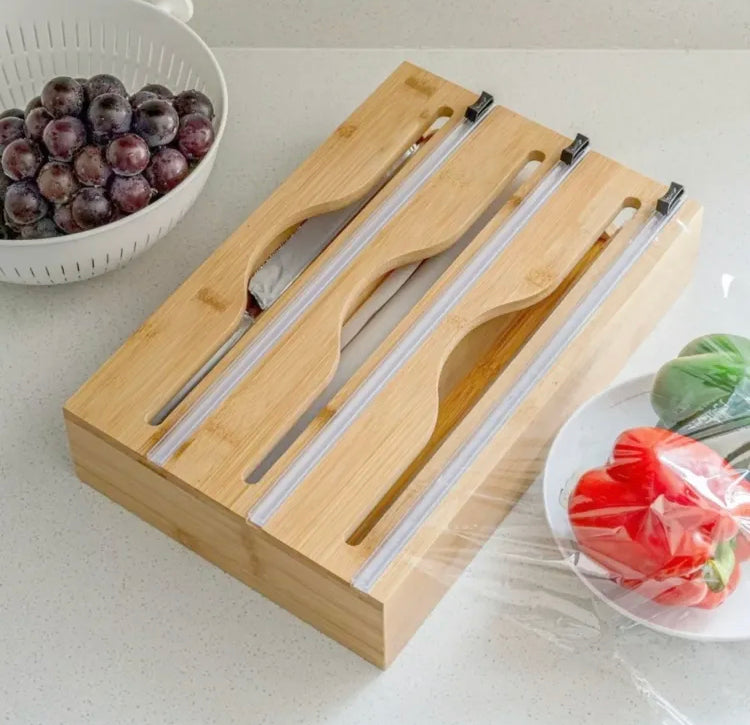 Wooden Wrap Dispenser with Cutter Plastic, Wax & Foil Paper