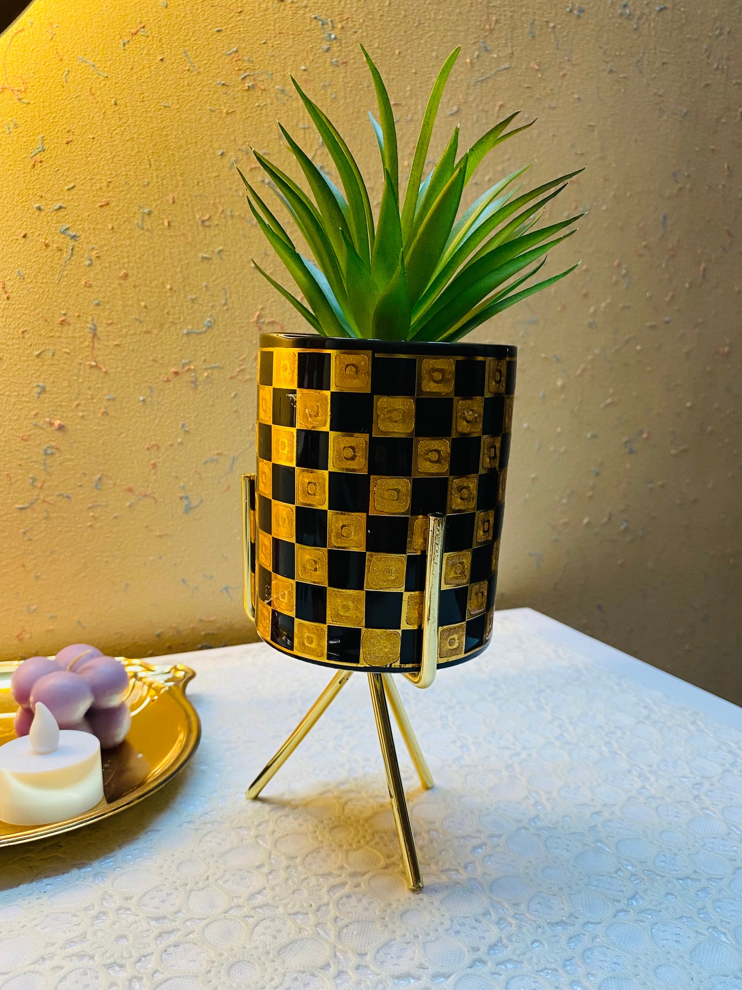 Black with Gold Metal Flower Pot