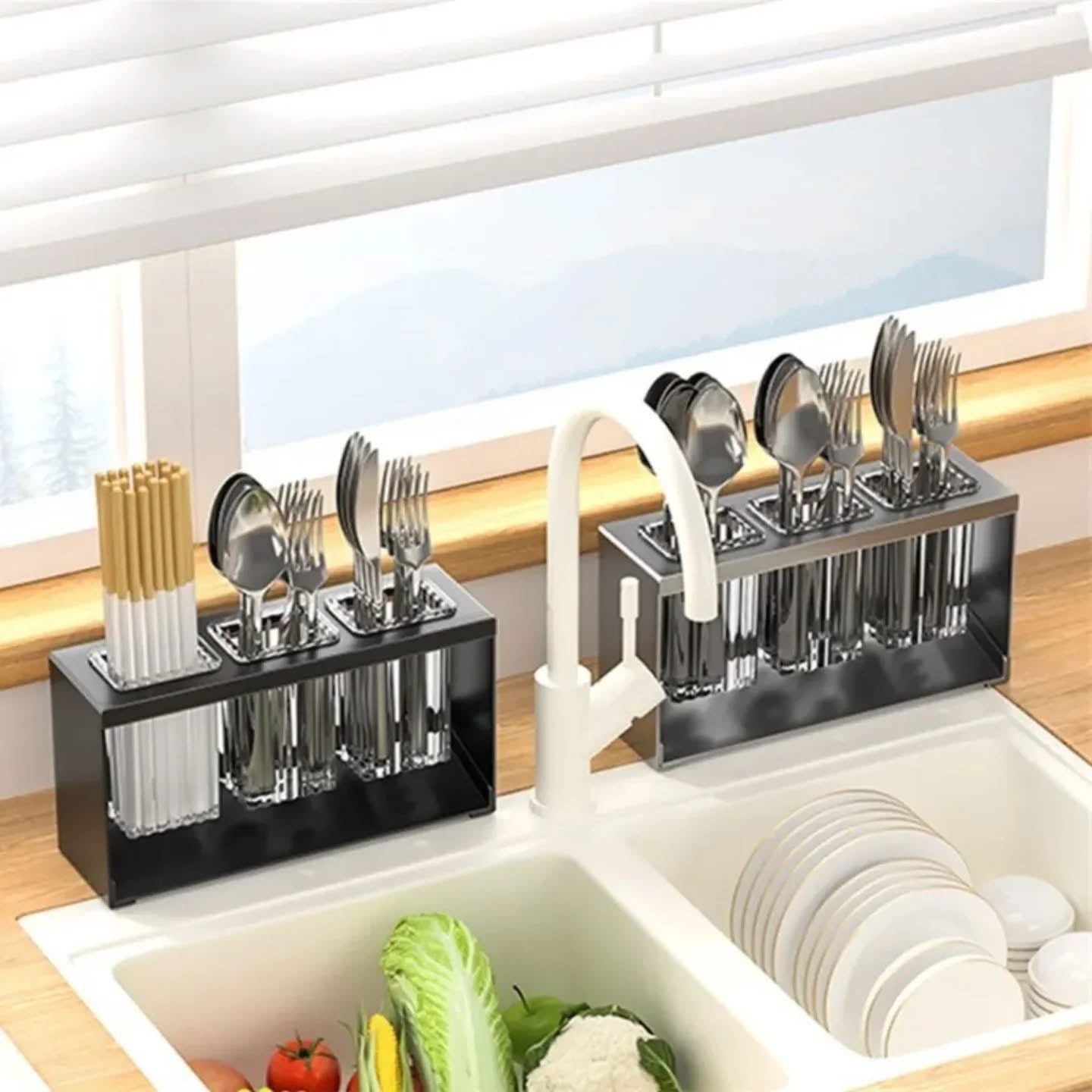 Premium Countertop Acrylic Cutlery Drying Holder with Metal Stand