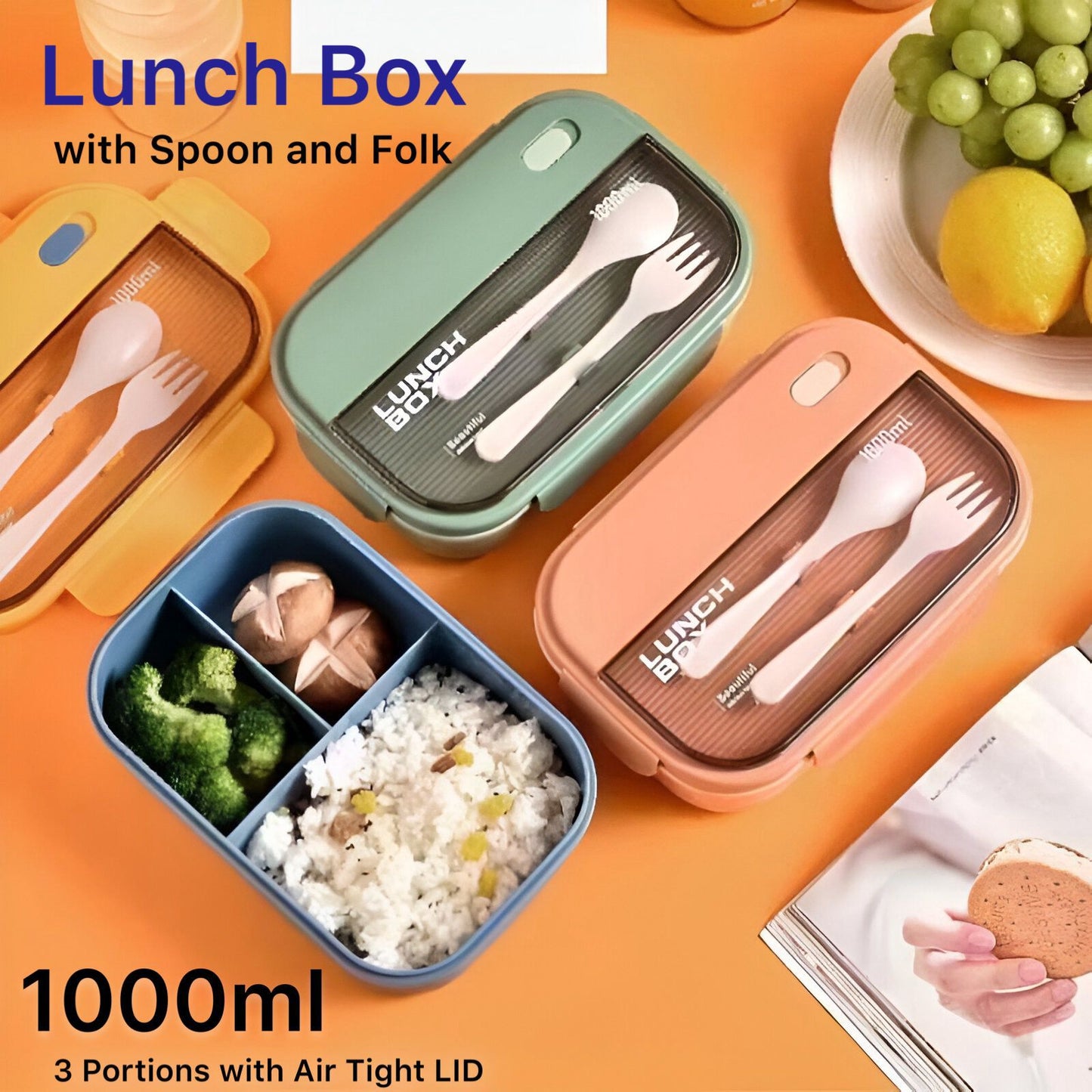 Three Portions Air Tight Lunch Box with Fork & Spoon