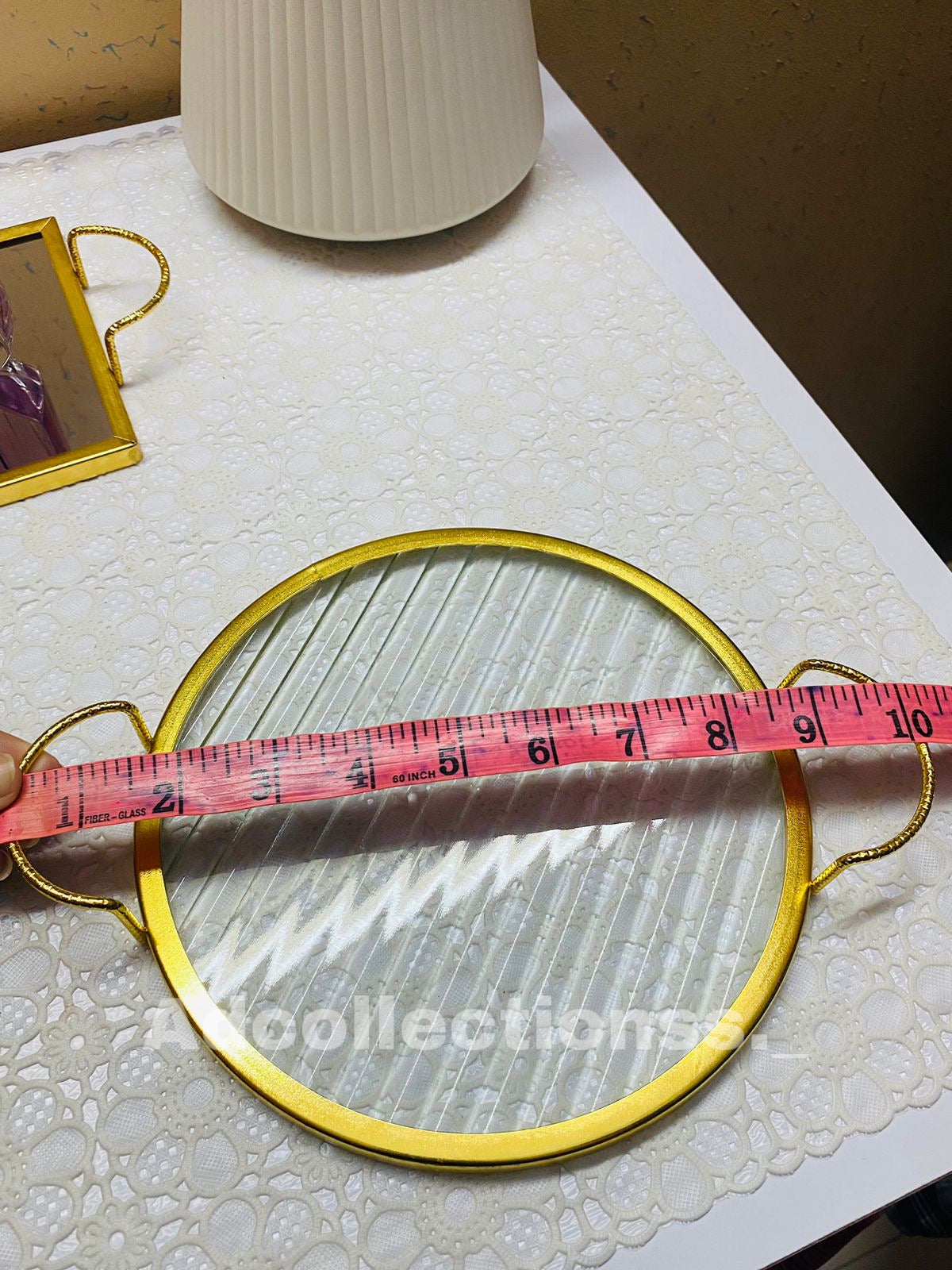 Round Gold Metal Mirror Vanity Textured Tray