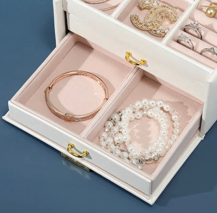 Three Layer Mirror Leather Jewellery Box Imported High Quality
