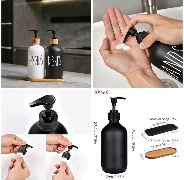 Modern Soap Dispenser Set for Hands & Dishes with Bamboo Tray