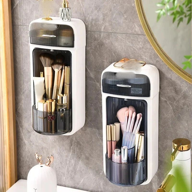 Wall Mounted Rotating Flip Makeup Brushes Holder with Drawer