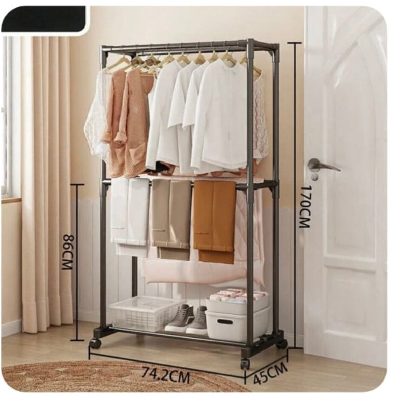 Double Pole Stand Cloth Rack with Wheels Easily Moveable (Premium Quality)