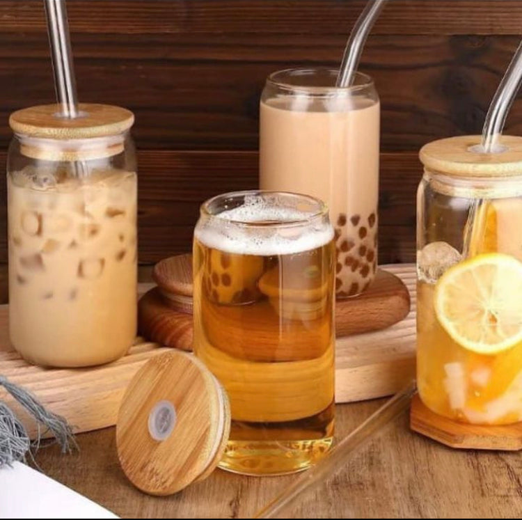 Aesthetic Coffee Glass with Bamboo Lid & Straw