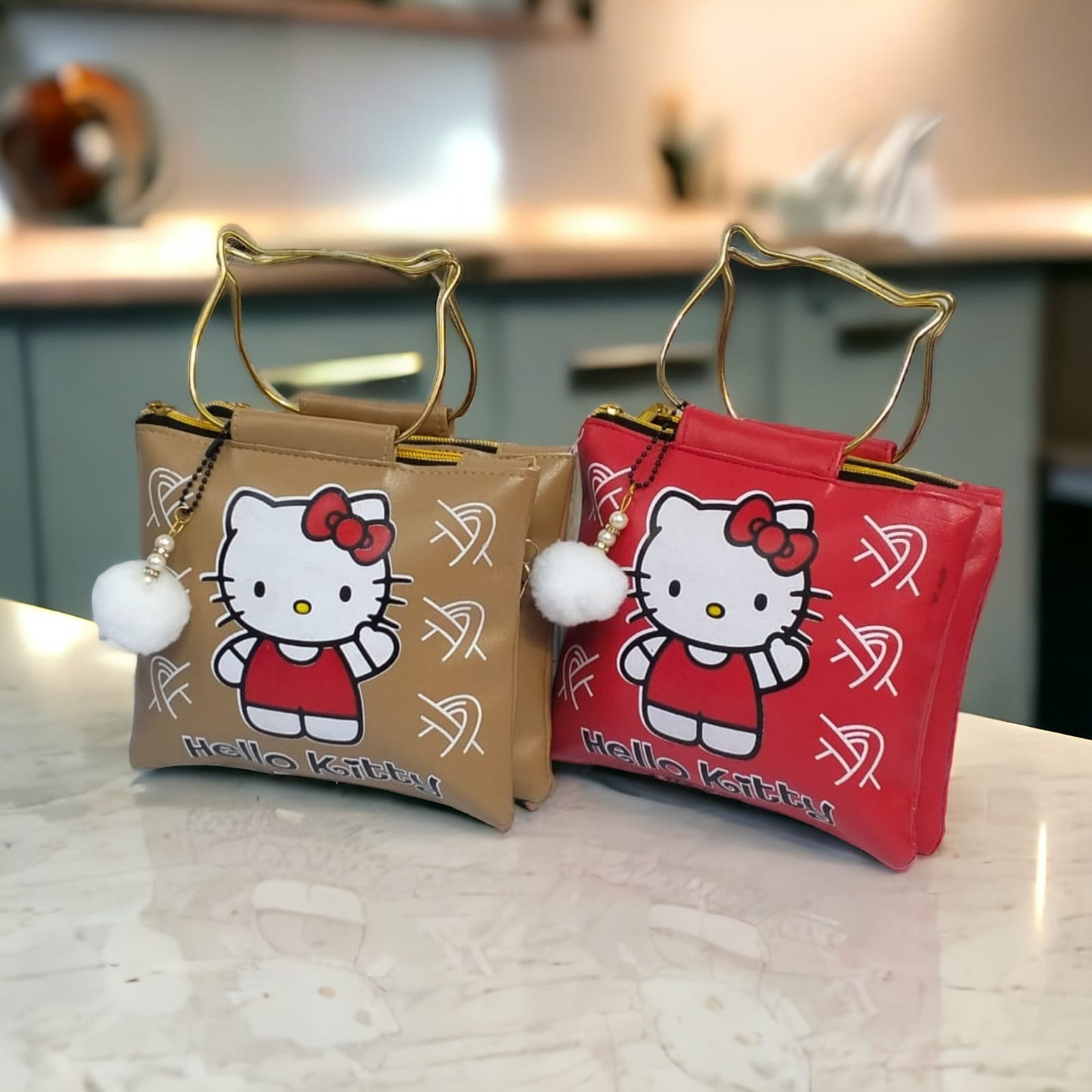 High Quality Hello Kitty Bag with Pom Pom Keychain & Long Chain