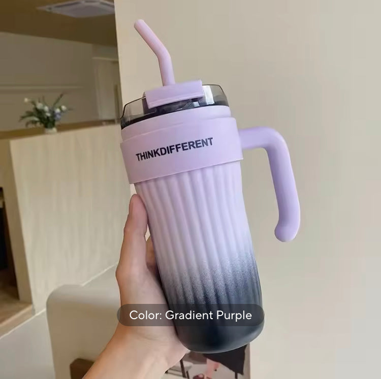 860ml Gradient Colour Stainless Steel Coffee Mug with Straw