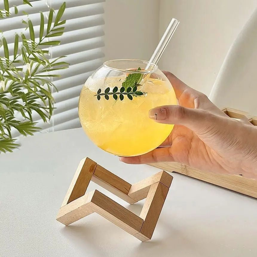 Round Coffee Glass with Wooden Stand