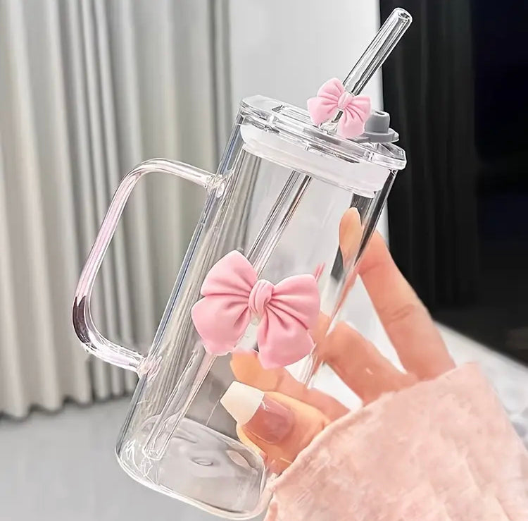 400ml Cute Bow Coffee Glass with Handle, Straw & Lid