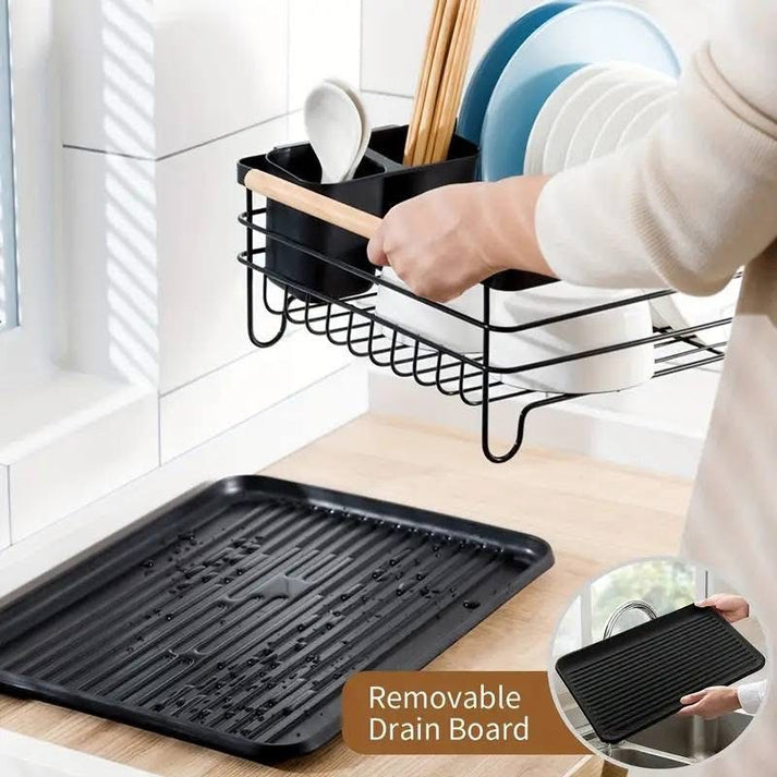 Kitchen Dish Drain Rack with Wooden Handles