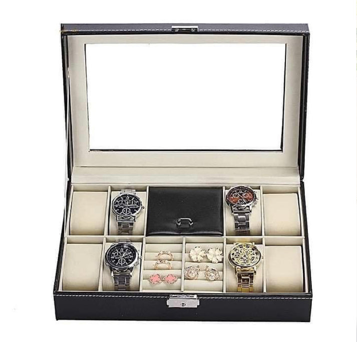 2 in 1 Leather 8 Slots Watch & Ring Box Organizer with Lock