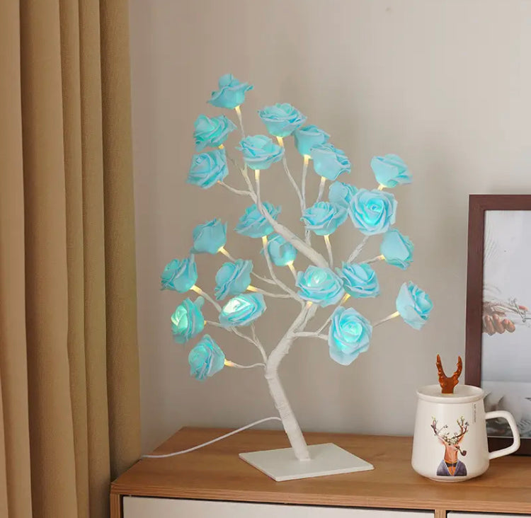 24 LED Rose Lamp Tree Table Top for Home Decor with White Metal Base