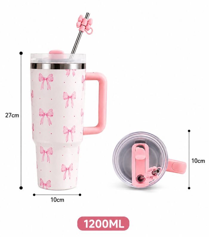 1200ml Bow Design Stainless Steel Insulated Tumbler Mug with Steel Straw & Straw Cover