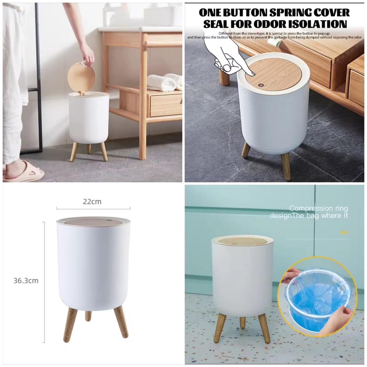 Wooden High Foor Round Shape Trash Bin with Lid