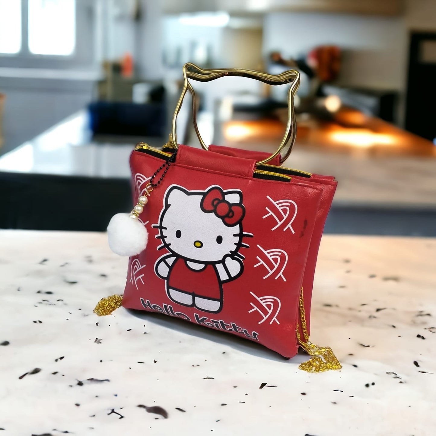 High Quality Hello Kitty Bag with Pom Pom Keychain & Long Chain