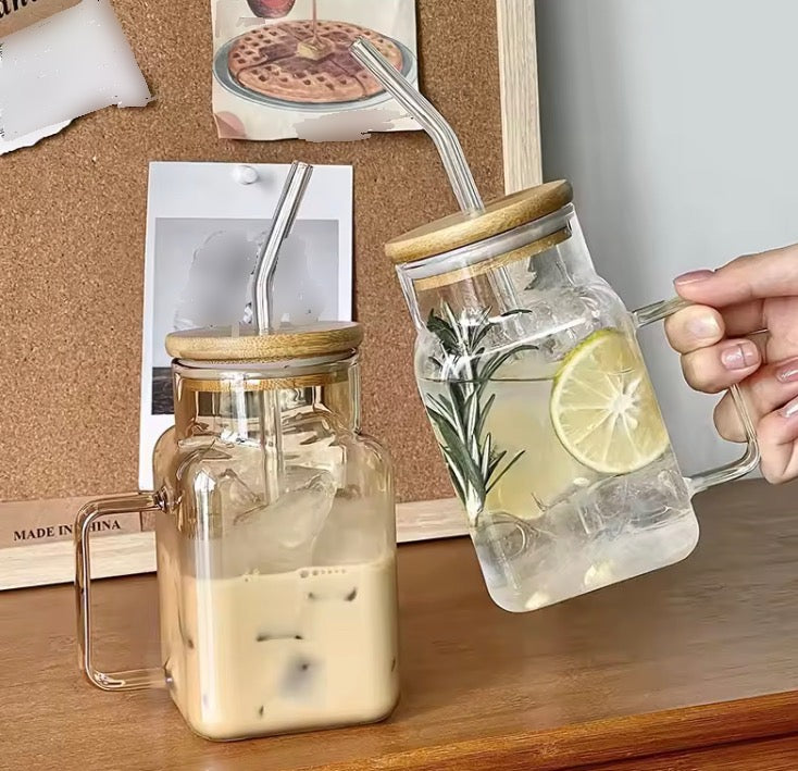 620ml Square Coffee Glass with Bamboo Lid & Straw