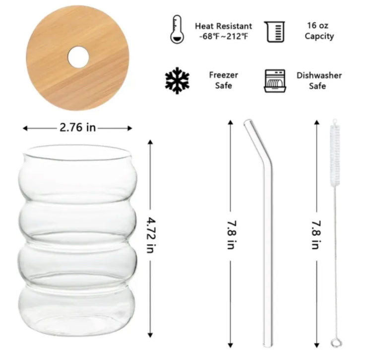 Spiral Aesthetic Coffee Glass with Bamboo Lid & Straw