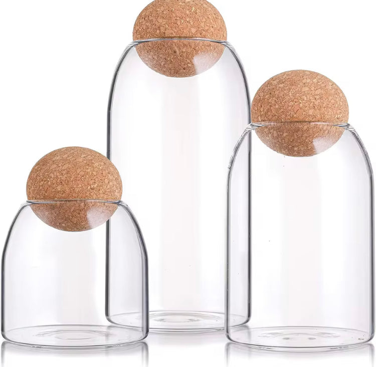 3 Pcs Glass Jars with Wooden Ball Lids & Box Packaging
