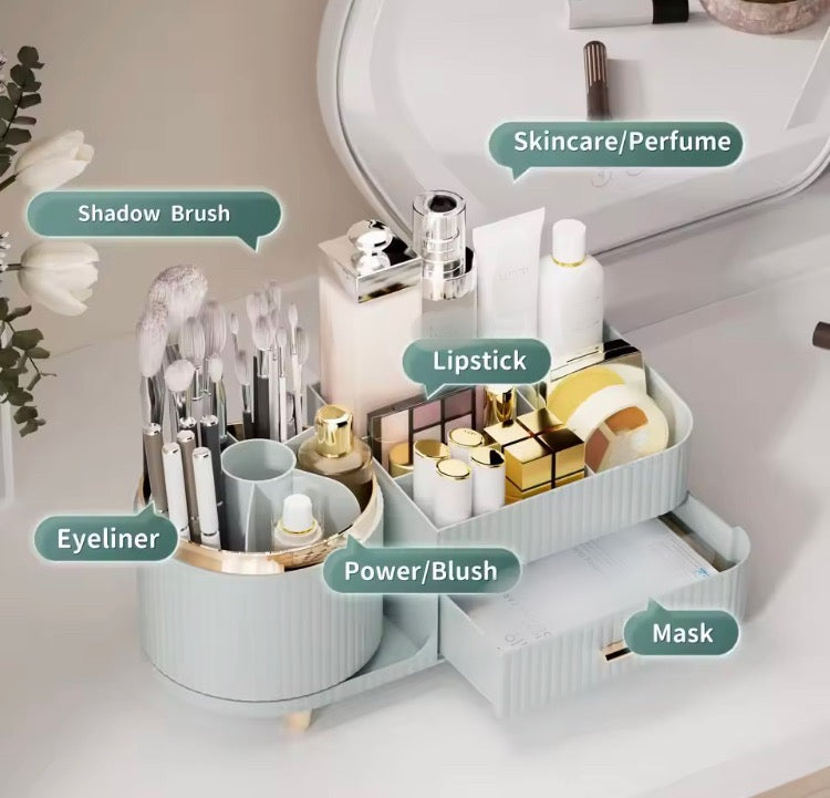 360 Rotating Cosmetics Storage Brushes Organizer with Drawer & Dustproof Lid