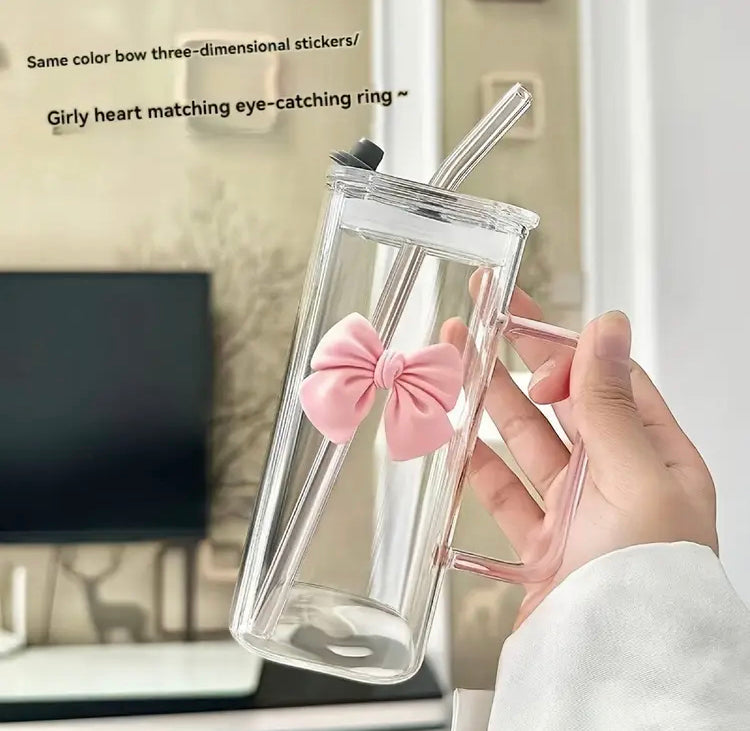 400ml Cute Clear Bow Coffee Glass with Lid & Straw