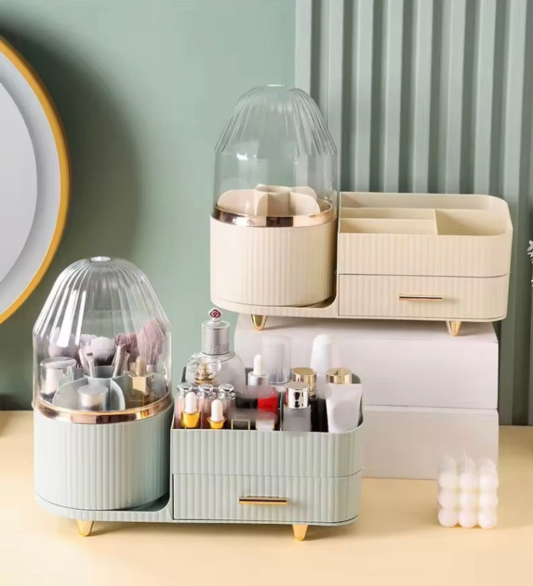 360 Rotating Cosmetics Storage Brushes Organizer with Drawer & Dustproof Lid