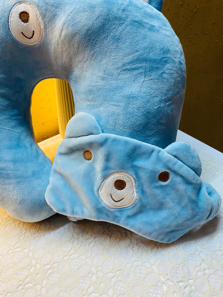 Blue Bear Neck Pillow with Sleeping Eye Mask