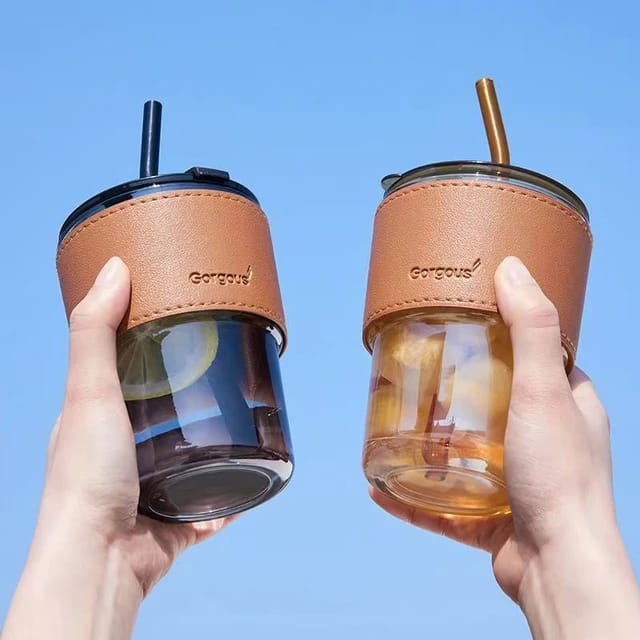 Leather Cover Coffee Mug with Lid & Straw