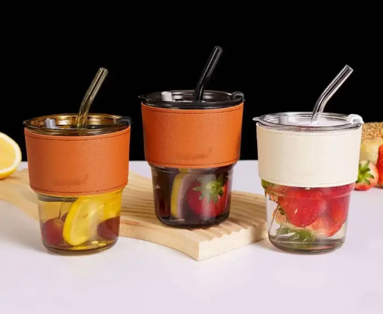 Leather Cover Coffee Mug with Lid & Straw
